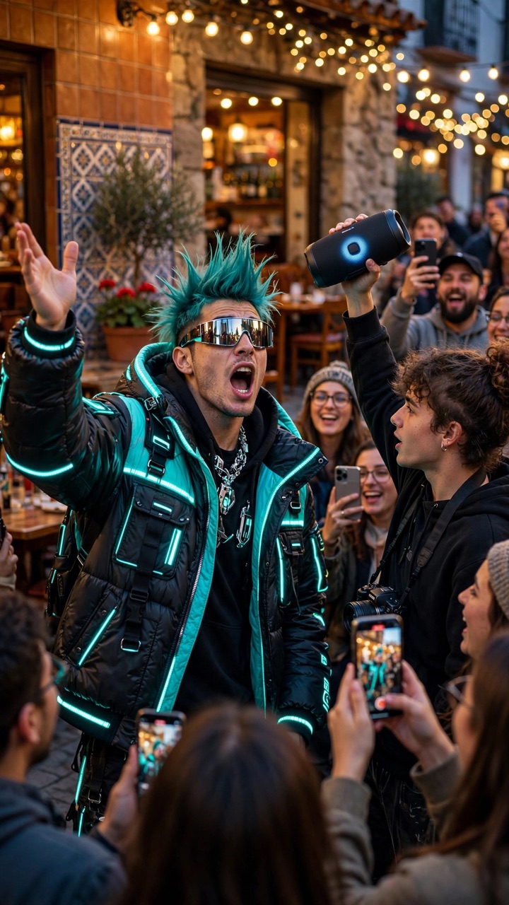 Bulin 47 AI face swap example: a cyberpunk character with teal hair and a glowing jacket doing the street freestyle as the crowd films on their phones
