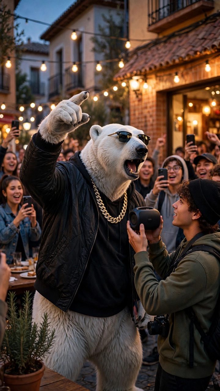 Bulin 47 AI video example: a polar bear in sunglasses and a gold chain performing the dembow freestyle outside a Spanish restaurant while a fan holds a speaker
